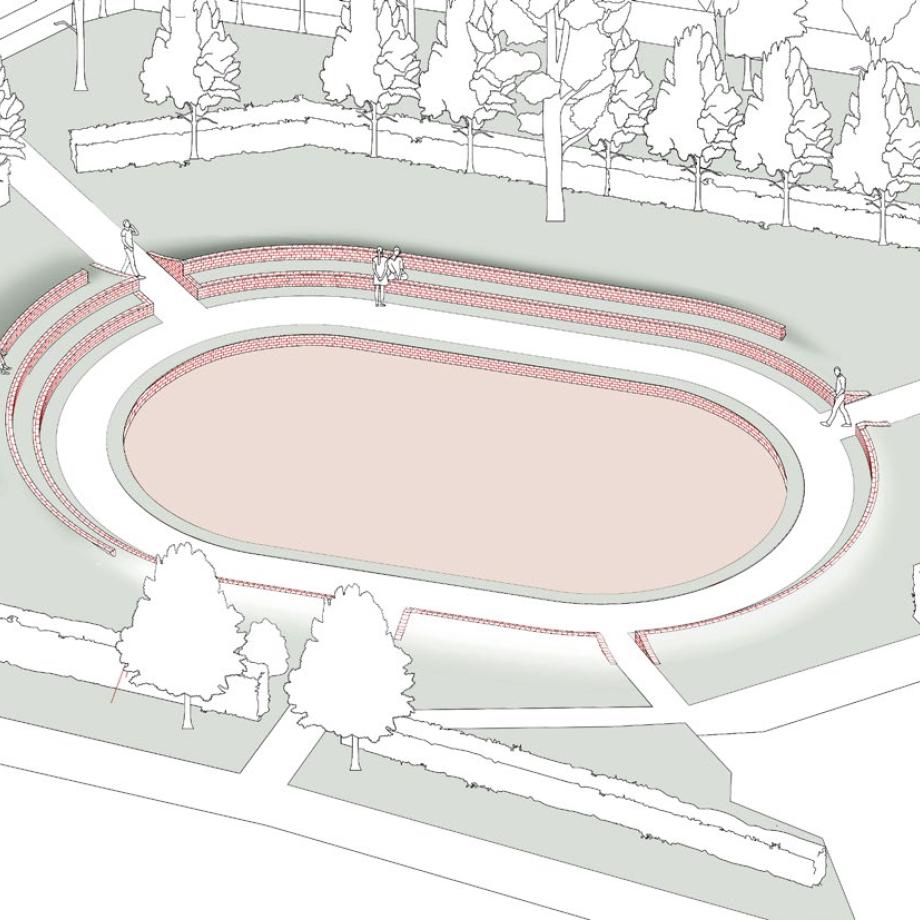 eerste schets van het toekomstige amfitheater op de site van Drie Linden door Adrien Tirtiaux